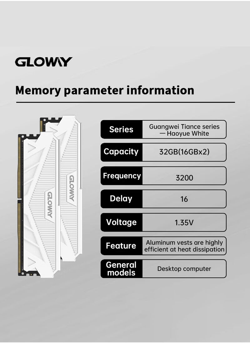 غلوواي - GLOway DDR4 RAM 32GB Kit (2x16GB) 3200 ميغاهرتز CL16-20-40 1.35V، ذاكرة سطح المكتب، يدعم إنتل XMP 2.0، متوافقة مع منصات إنتل و AMD. - Image 1