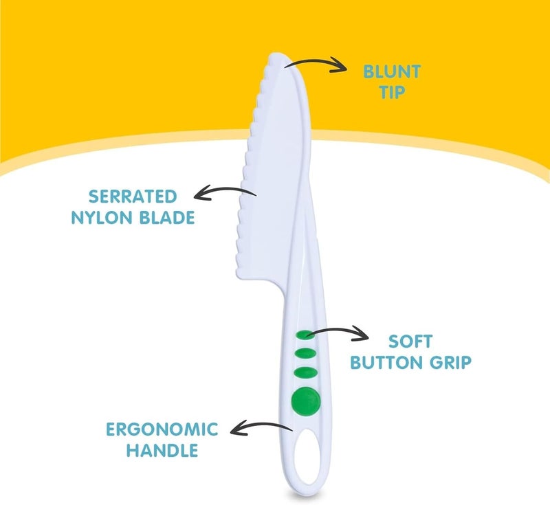 Curious Chef Kid Safe Kitchen Knife Set - 3-Piece Nylon Knives for Kids, White & Green, Ages 4+ - Non-Scratch Tools for Nonstick Pans & Kitchen Tool Set - Image 3