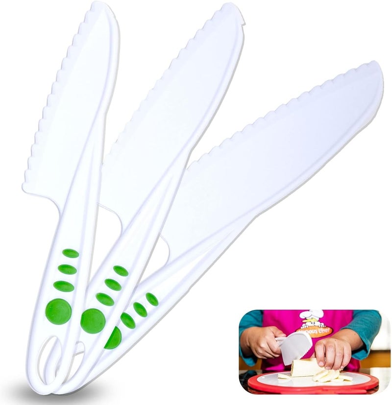 Curious Chef Kid Safe Kitchen Knife Set - 3-Piece Nylon Knives for Kids, White & Green, Ages 4+ - Non-Scratch Tools for Nonstick Pans & Kitchen Tool Set - Image 1