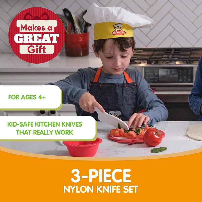Curious Chef Kid Safe Kitchen Knife Set - 3-Piece Nylon Knives for Kids, White & Green, Ages 4+ - Non-Scratch Tools for Nonstick Pans & Kitchen Tool Set - Image 2