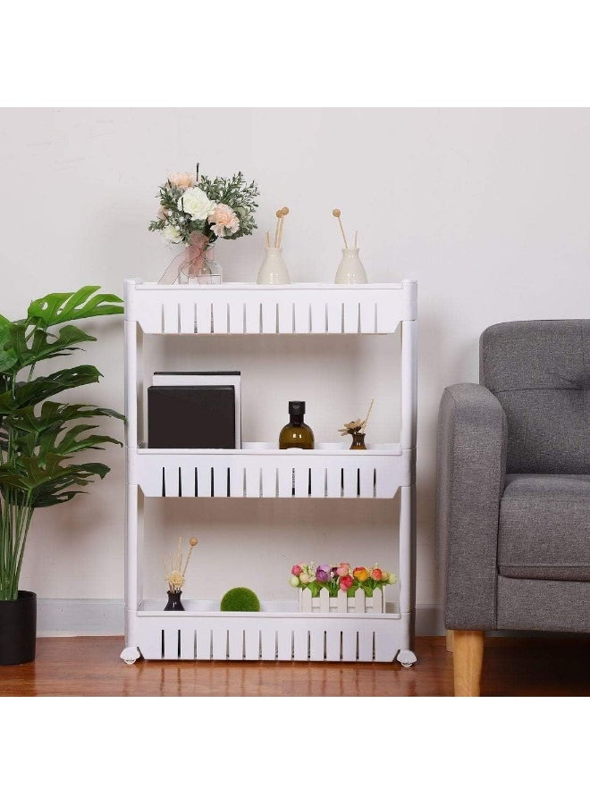 Multipurpose Slim Slide Plastic Storage Rack Holder Organizer Shelf With Moving Wheels Trolley 2/3/4 Layers Detachable Kitchen Bathroom Bedroom White (3 Tier) - Image 4