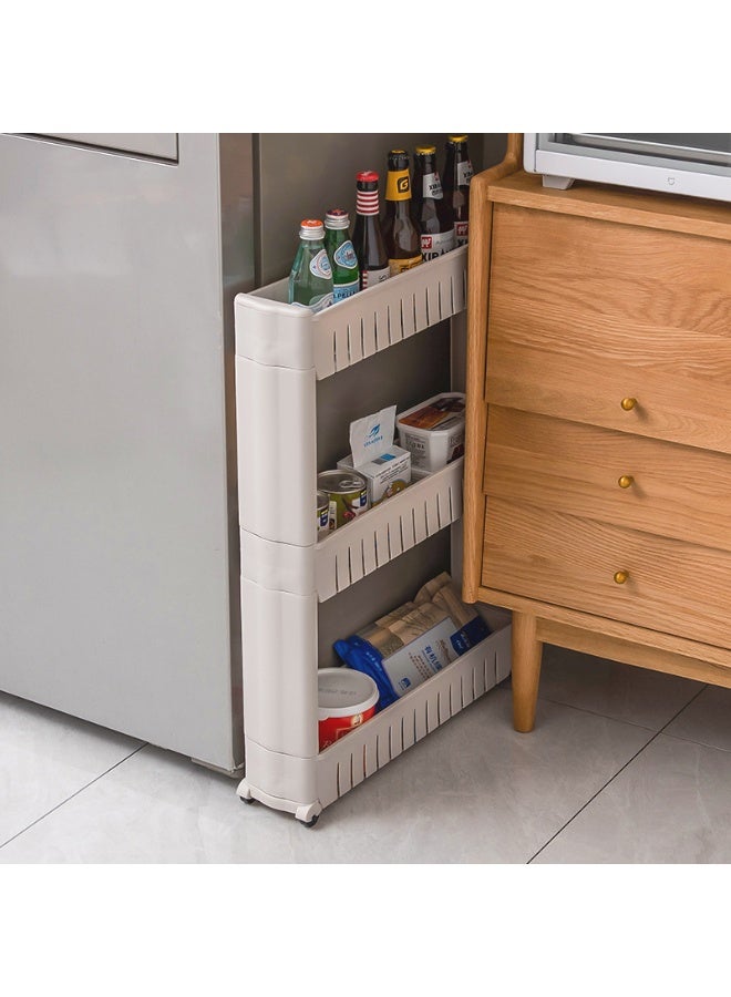 Multipurpose Slim Slide Plastic Storage Rack Holder Organizer Shelf With Moving Wheels Trolley 2/3/4 Layers Detachable Kitchen Bathroom Bedroom White (3 Tier)