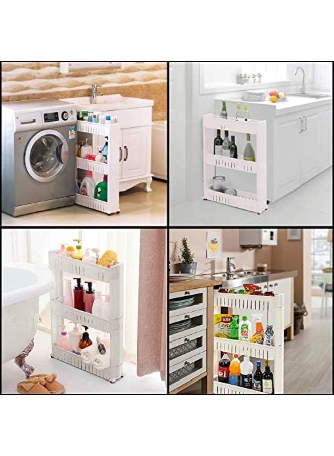 Multipurpose Slim Slide Plastic Storage Rack Holder Organizer Shelf With Moving Wheels Trolley 2/3/4 Layers Detachable Kitchen Bathroom Bedroom White (3 Tier) - Image 5