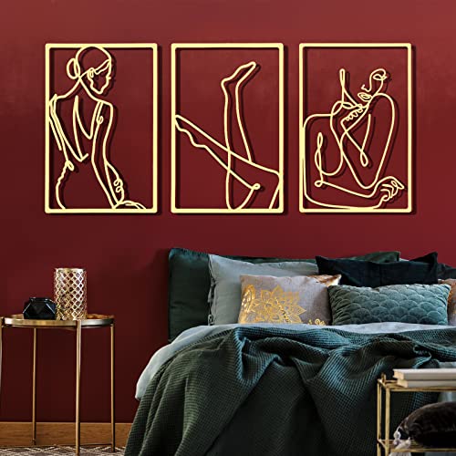 CHENGU 3 Pieces Gold Wall Decor Minimalist Wall Art Metal Line Wall Art Wall Decor for Bedroom Single Line Female for Kitchen Bathroom Living RoomVivid Style - Image 3