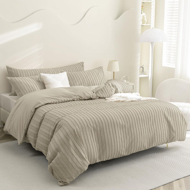 JELLYMONI Duvet Cover Twin Size Khaki - 3PCS Boho Striped Duvet Cover Set Polyester Tufted Bohemian Textured Comforter Cover 68×90in with Corner Ties & Zipper and 2 Pillowcases - Image 2