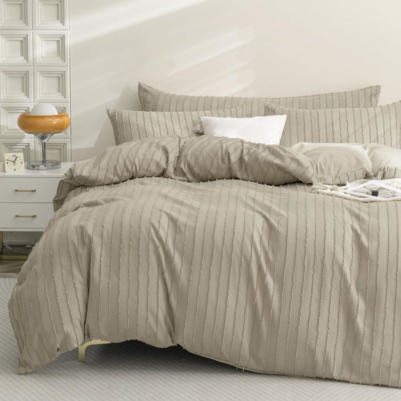 JELLYMONI Duvet Cover Twin Size Khaki - 3PCS Boho Striped Duvet Cover Set Polyester Tufted Bohemian Textured Comforter Cover 68×90in with Corner Ties & Zipper and 2 Pillowcases - Image 1