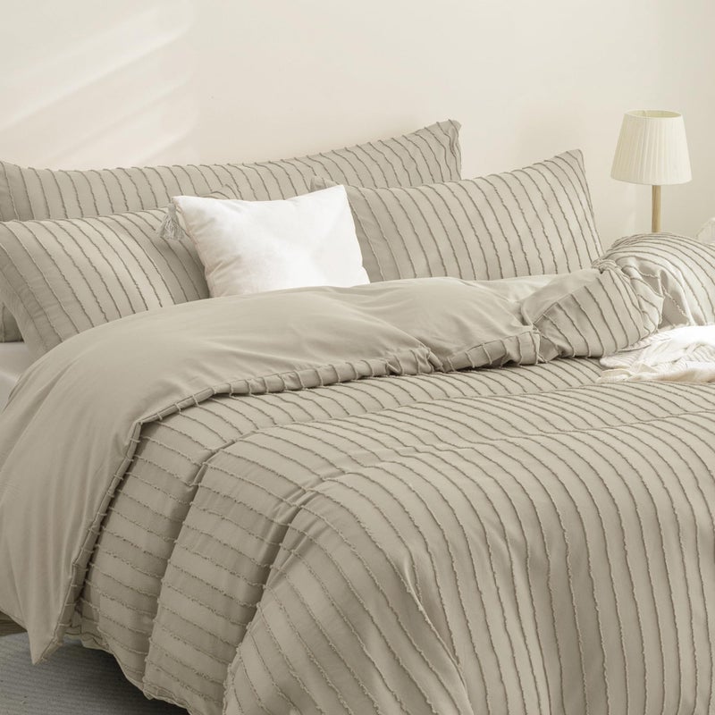 JELLYMONI Duvet Cover Twin Size Khaki - 3PCS Boho Striped Duvet Cover Set Polyester Tufted Bohemian Textured Comforter Cover 68×90in with Corner Ties & Zipper and 2 Pillowcases - Image 3