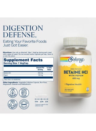 Solaray High Potency Betaine HCL with Pepsin - Hydrochloric Acid Supplement for Digestive Health - with Betaine Hydrochloride and Digestive Enzymes - Gut Health Support - 60-Day Guarantee, 100 VegCaps - pzsku/Z6B7B9CCAE580DF400492Z/45/_/1739864914/79adab9b-46bc-4497-84d1-00a7be2949f6