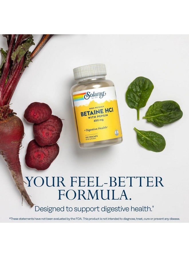 Solaray High Potency Betaine HCL with Pepsin - Hydrochloric Acid Supplement for Digestive Health - with Betaine Hydrochloride and Digestive Enzymes - Gut Health Support - 60-Day Guarantee, 100 VegCaps