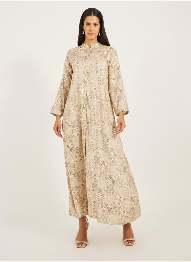 Maxim Creation - All-Over Print Mandarin Collar A-Line Jalabiya by Styli - Image 1