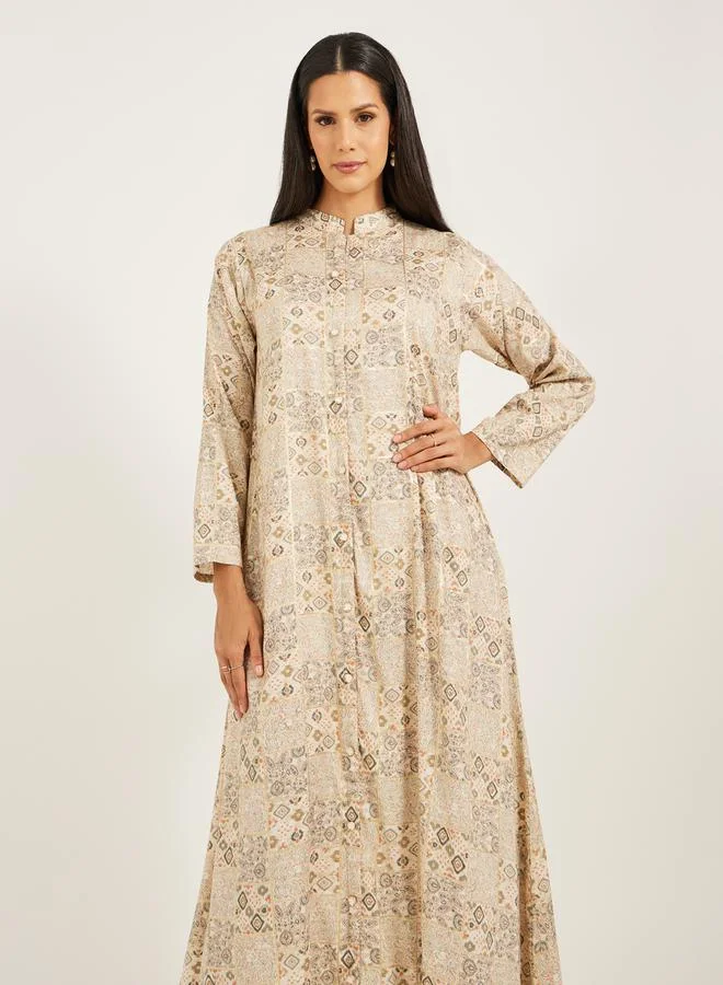 Maxim Creation All-Over Print Mandarin Collar A-Line Jalabiya by Styli