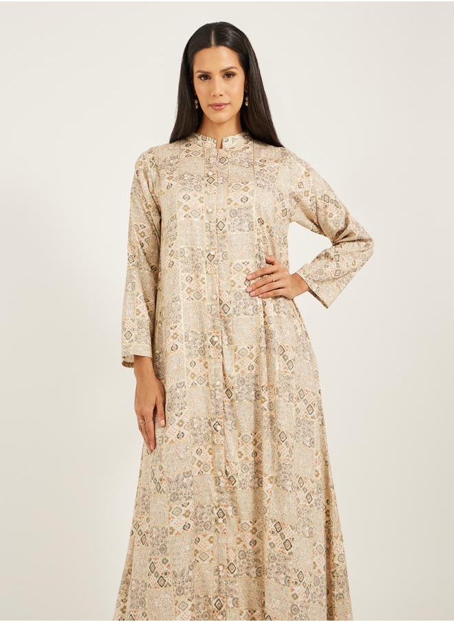 Maxim Creation - All-Over Print Mandarin Collar A-Line Jalabiya by Styli - Image 1