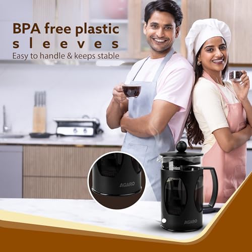 AGARO Elite French Press Coffee And Tea Maker, Borosilicate Glass Body With Sleeves, Glass Carafe, BPA Free Plastic Lid Strainer, 600Ml - Image 4