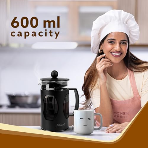 AGARO Elite French Press Coffee And Tea Maker, Borosilicate Glass Body With Sleeves, Glass Carafe, BPA Free Plastic Lid Strainer, 600Ml - Image 3