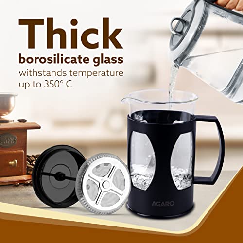 AGARO Elite French Press Coffee And Tea Maker, Borosilicate Glass Body With Sleeves, Glass Carafe, BPA Free Plastic Lid Strainer, 600Ml - Image 2
