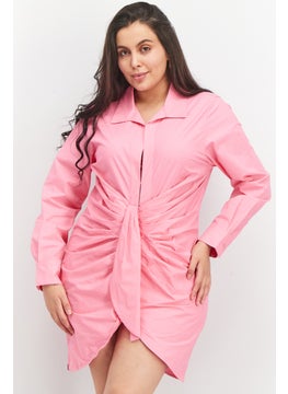 The Giving Movement Women Solid Long Sleeve Rouched Shirt Dress, Pink  - Image 1