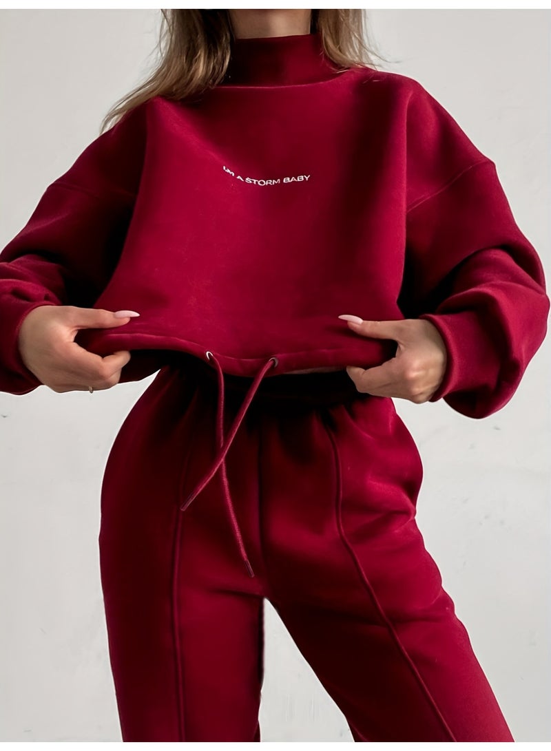 NIBEMINENT Sweatshirt pant Women Letter Print Two Piece Set Casual Loose Suit High Waist Trousers Turtleneck Autumn Sweatpants Suits - Image 1