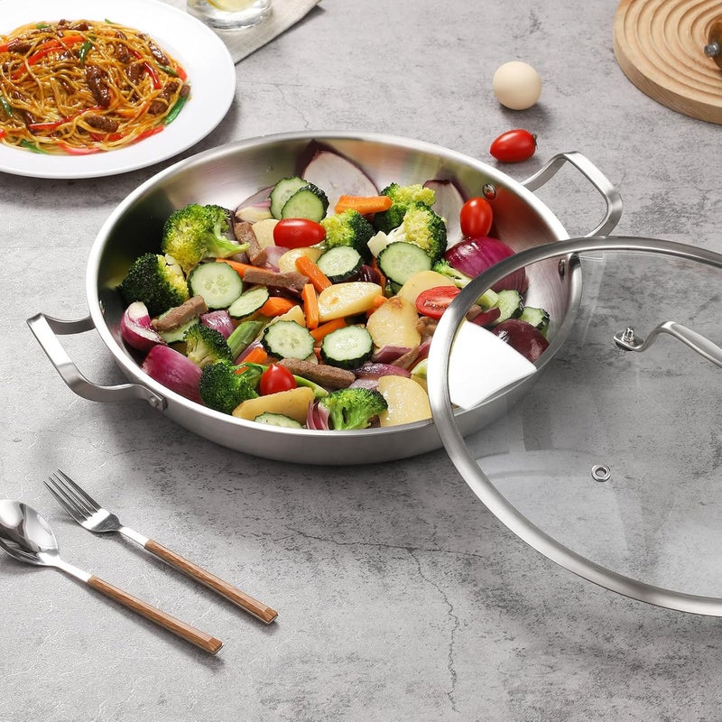 DELARLO 13 Inch Tri-Ply Stainless Steel Paella Pan with Lid Big Frying Pan, Induction Large Skillets,Great for Paella Parties Indoors Outdoors,Heavy Duty,Last a Lifetime - Image 5