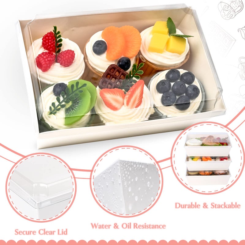 Ocmoiy 8 x 6 Inch Paper Charcuterie Boxes with Clear Lids, 20 Pack Disposable Take Out Paper Deli Food Containers White Bakery Boxes for Cake Slice, Cupcakes, Sandwiches, Cocoa Bombs - Image 3