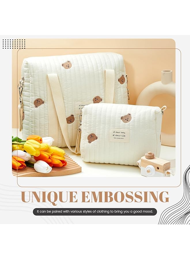 Excefore Diaper Bag Tote 2 Piece Multilayered Fabrics Multifunction Maternity Bag With Quilted Cotton Cute Bear Design Stroller Storage Bag Travel Zip Closure Diaper Small Shoulder Bag Milk Bottle Bag - Image 2