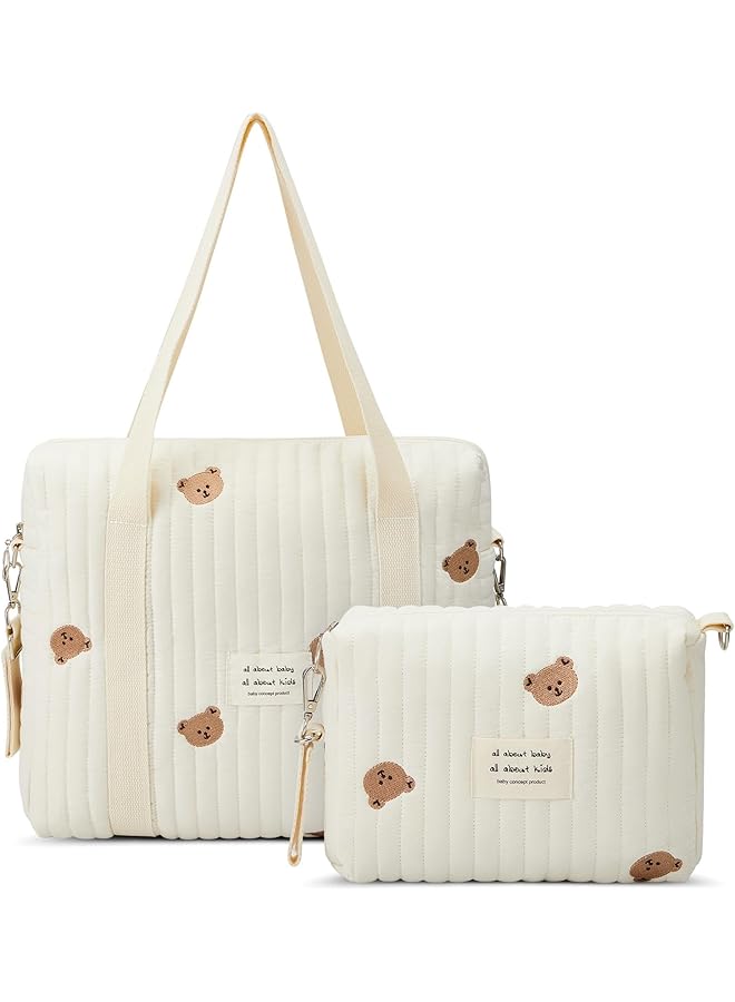 Excefore Diaper Bag Tote 2 Piece Multilayered Fabrics Multifunction Maternity Bag With Quilted Cotton Cute Bear Design Stroller Storage Bag Travel Zip Closure Diaper Small Shoulder Bag Milk Bottle Bag - Image 1