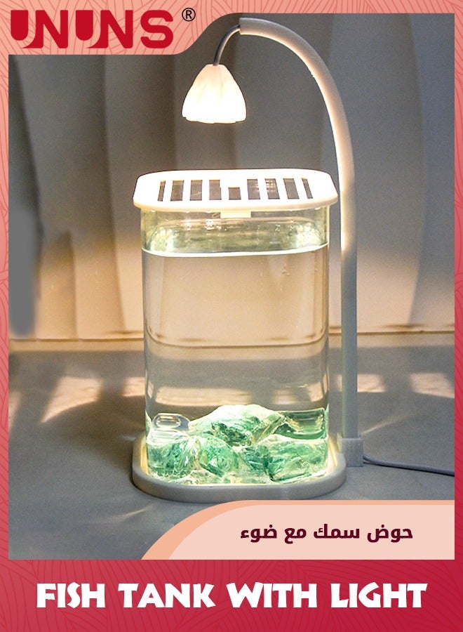 UNUNS Small desktop ornaments, with LED light anti-trip tank with lid, small fish tank with ceiling light and adjustable brightness, 10×10×24.5cm - Image 1