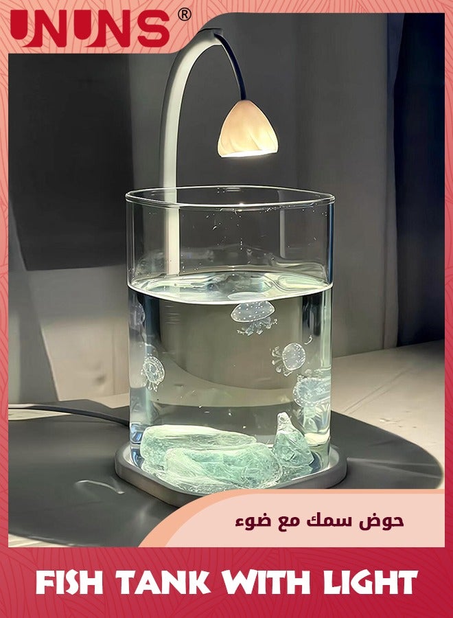 UNUNS Small desktop ornaments, with LED light anti-trip tank with lid, small fish tank with ceiling light and adjustable brightness, 10×10×24.5cm - Image 4