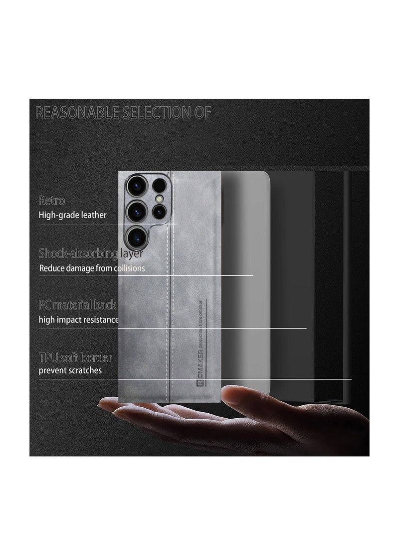 OMAKER Luxury PU Leather Shockproof Case Cover For Samsung Galaxy S23 Ultra 5G 2023 Grey  - Image 5