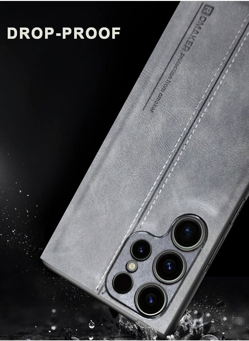 OMAKER Luxury PU Leather Shockproof Case Cover For Samsung Galaxy S23 Ultra 5G 2023 Grey  - Image 4