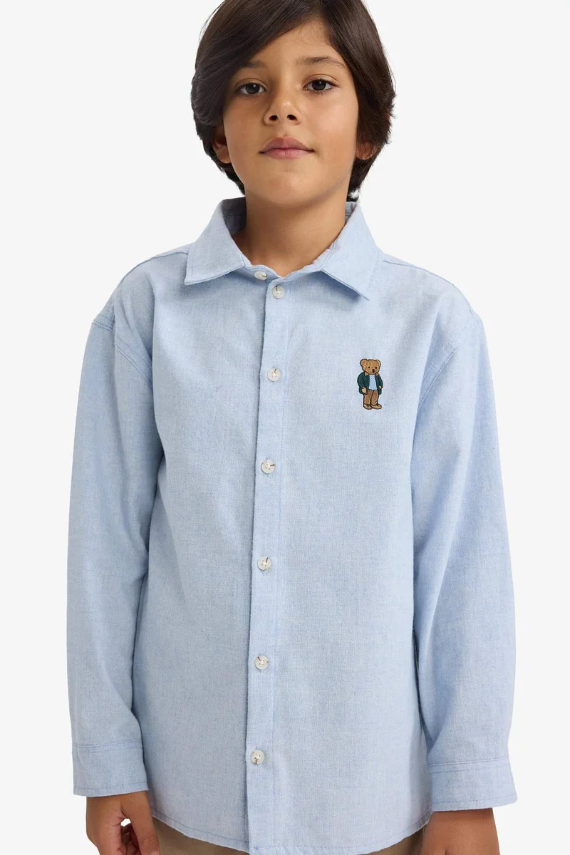 ديفاكتو Boy Oversize Fit Bear Printed Polo Neck Flannel Shirt
