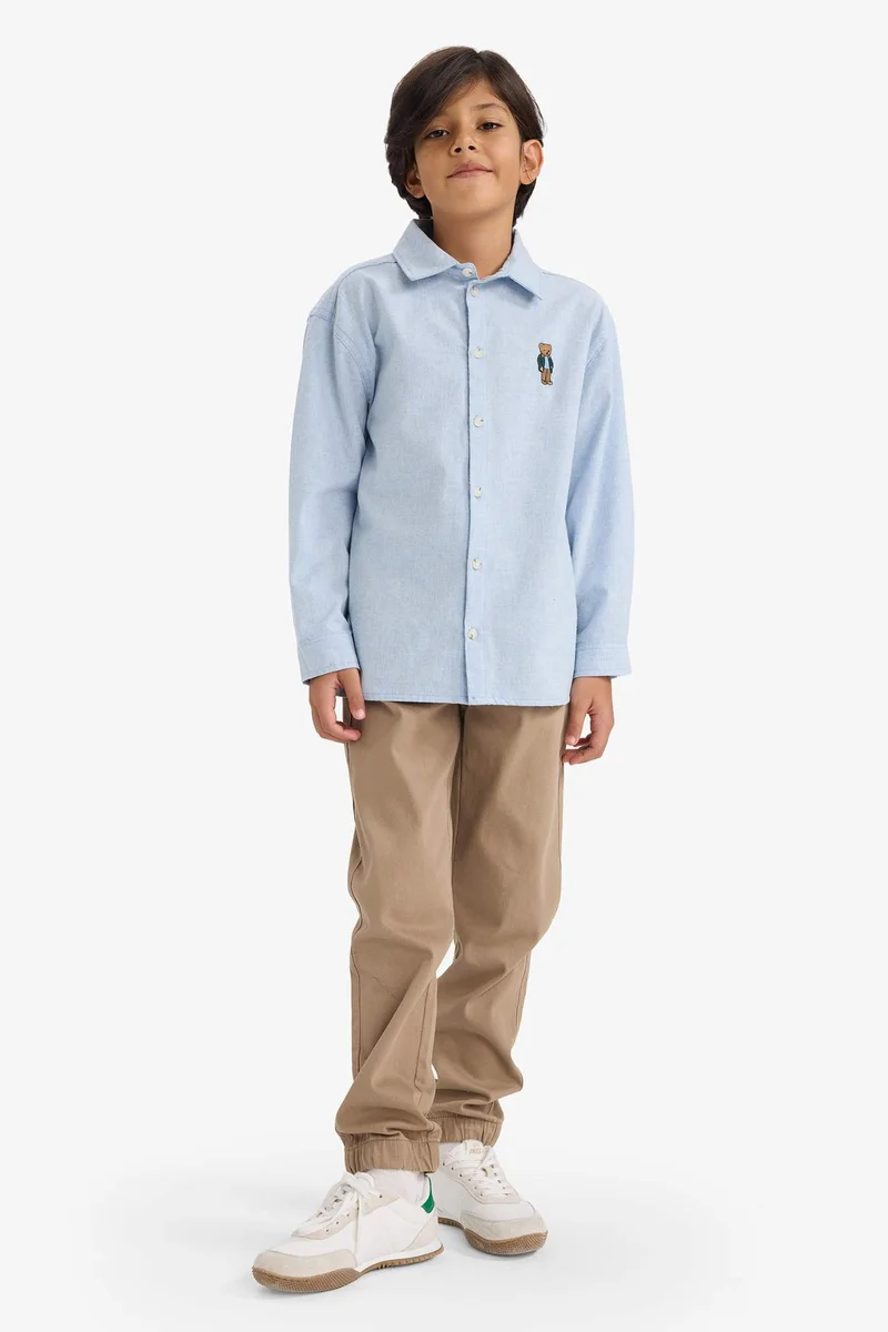 ديفاكتو Boy Oversize Fit Bear Printed Polo Neck Flannel Shirt