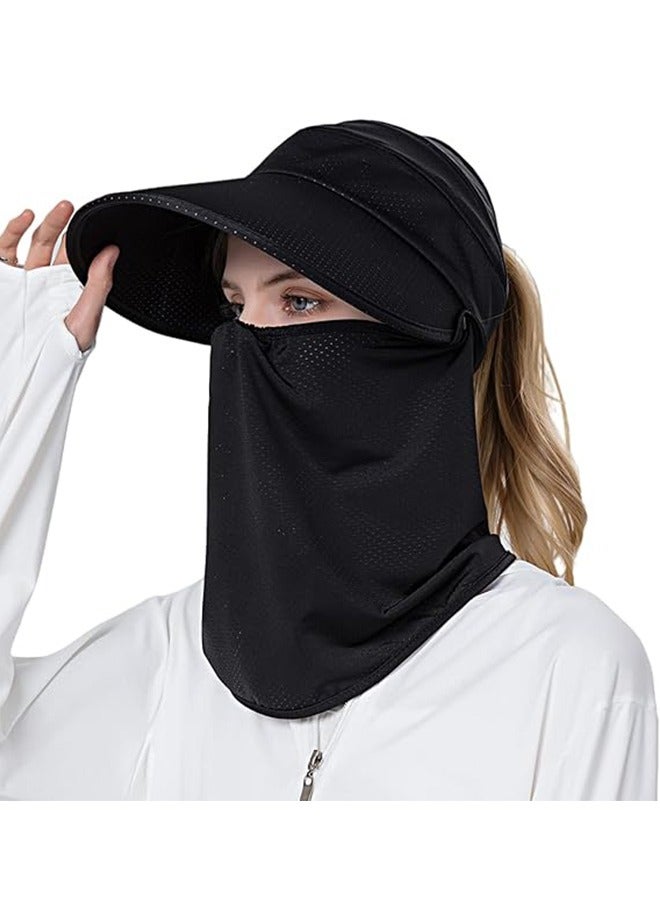 النساء ذو الحواف العريضة قناع الوجه الشمس قبعة رقبة قابلة للفصل وجه Flap حماية من الأشعة فوق البنفسجية ذيل الحصان الواقي قبعة حديقة الصيد التنزه (أسود)  - Image 1