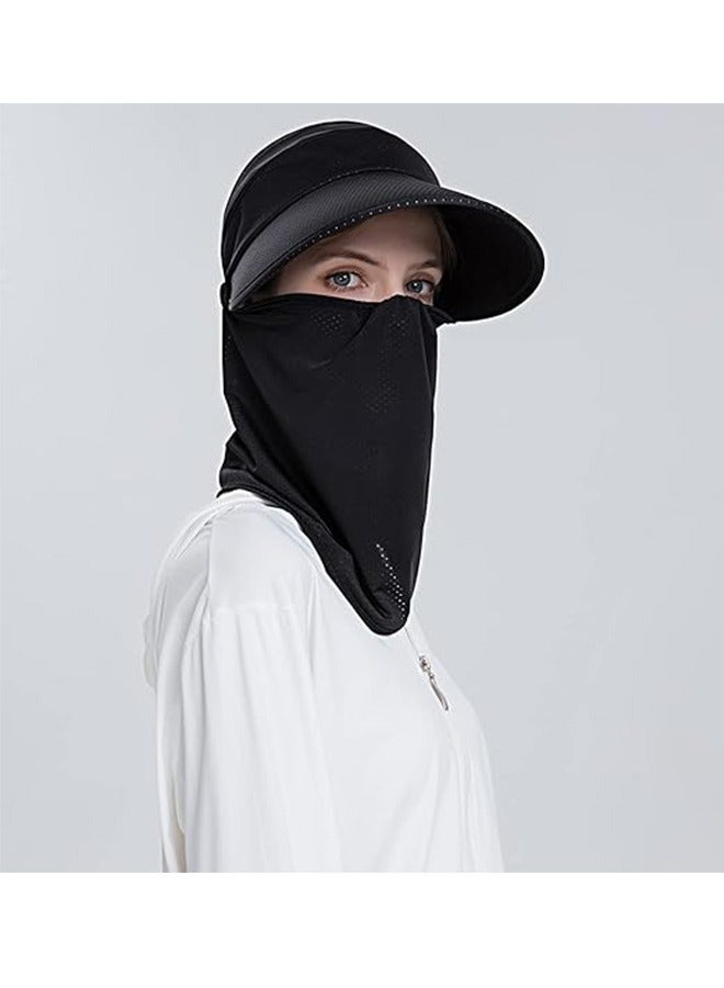 النساء ذو الحواف العريضة قناع الوجه الشمس قبعة رقبة قابلة للفصل وجه Flap حماية من الأشعة فوق البنفسجية ذيل الحصان الواقي قبعة حديقة الصيد التنزه (أسود)  - Image 3