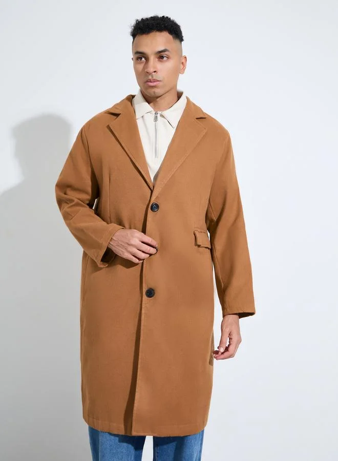 Styli Brown Solid Regular Fit Button-Up Trench Coat