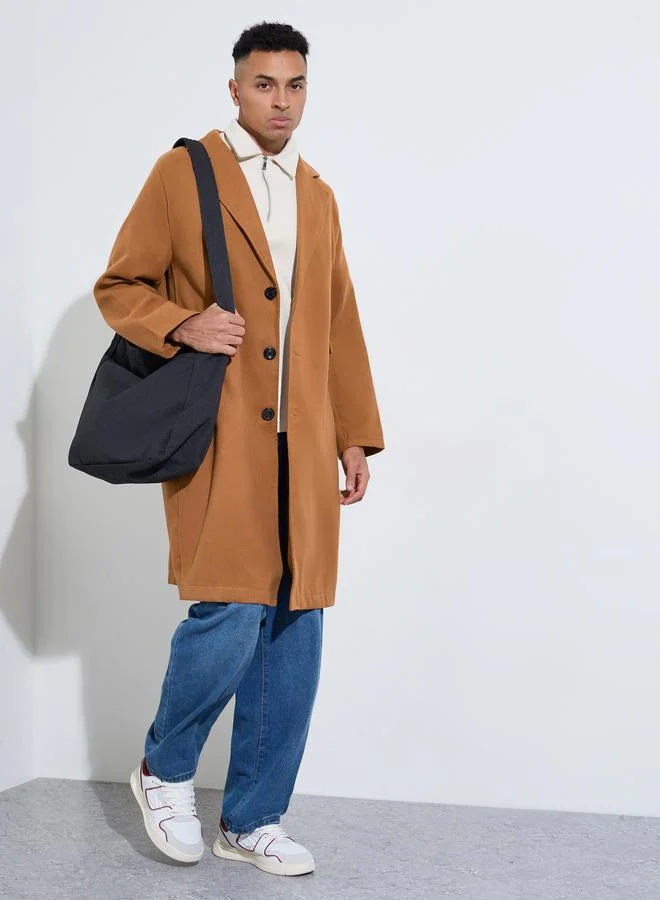 Styli Brown Solid Regular Fit Button-Up Trench Coat