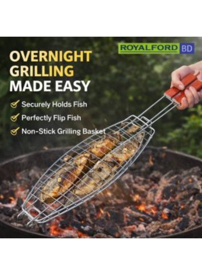 Royalford BBQ Grill Fish Basket Stainless Steel Barbecue Grill Rack - Image 1