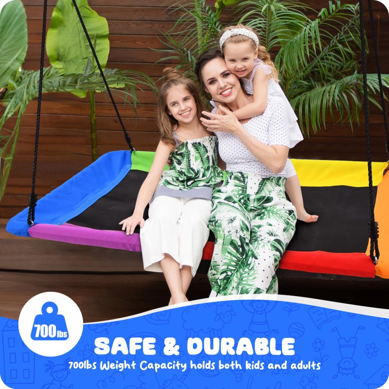 Trekassy 60" Rectangle Platform Tree Swing for Kids Adults, 700lb Capacity Outdoor Giant Swing, 900D Oxford Waterproof Flat Swings with 2 Hanging Straps for Backyard - Rainbow (Patented) - Image 2