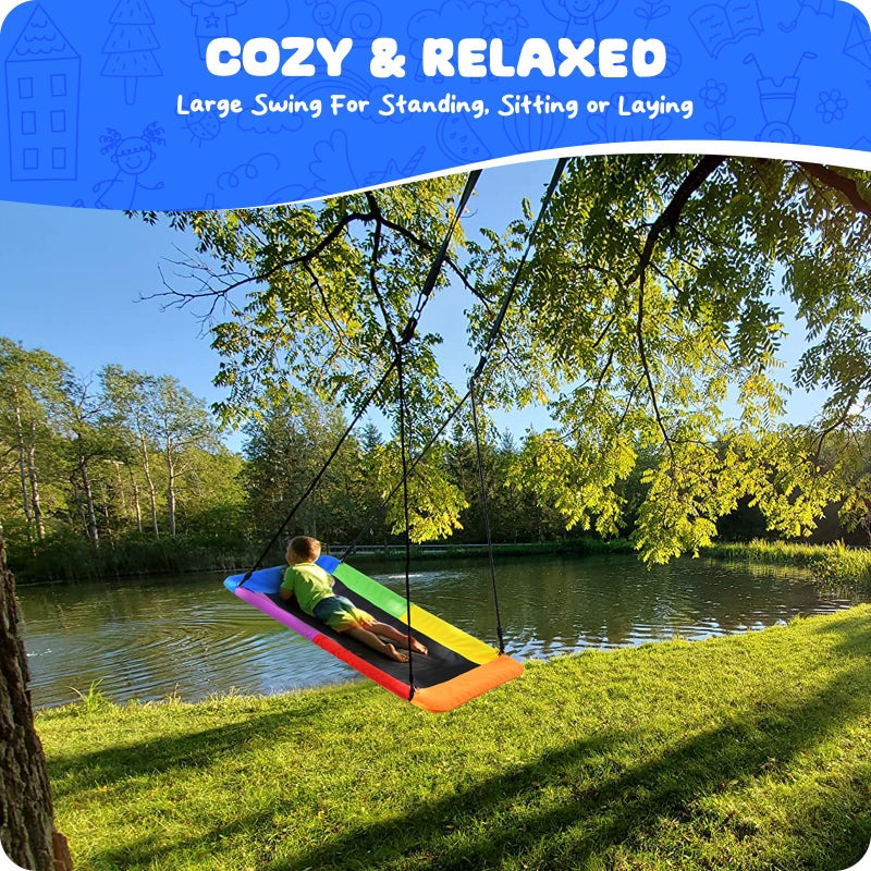 Trekassy 60" Rectangle Platform Tree Swing for Kids Adults, 700lb Capacity Outdoor Giant Swing, 900D Oxford Waterproof Flat Swings with 2 Hanging Straps for Backyard - Rainbow (Patented) - Image 4