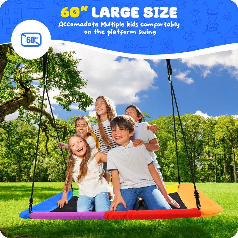 Trekassy 60" Rectangle Platform Tree Swing for Kids Adults, 700lb Capacity Outdoor Giant Swing, 900D Oxford Waterproof Flat Swings with 2 Hanging Straps for Backyard - Rainbow (Patented) - Image 3