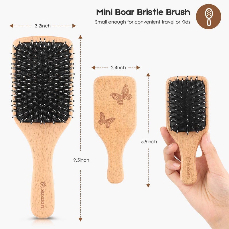 Sosoon Hair Brush, 2 Pack Boar Bristle Paddle Hairbrush for Women Men Kids Reducing Frizzy, No More Tangle, Small Travel Brush Tail Comb & Giftbox Included - Image 3