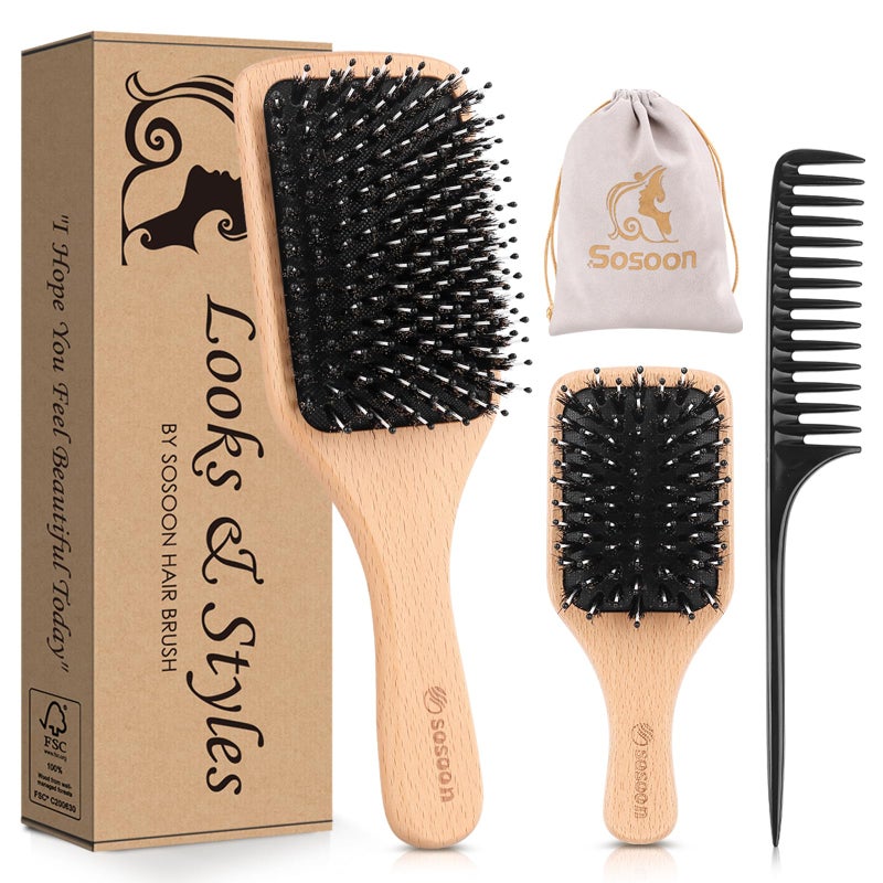Sosoon Hair Brush, 2 Pack Boar Bristle Paddle Hairbrush for Women Men Kids Reducing Frizzy, No More Tangle, Small Travel Brush Tail Comb & Giftbox Included - Image 1