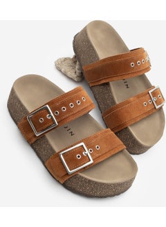 MARJIN Women's Leather Double Banded Cork Sole Casual Slippers Merga  - Image 1