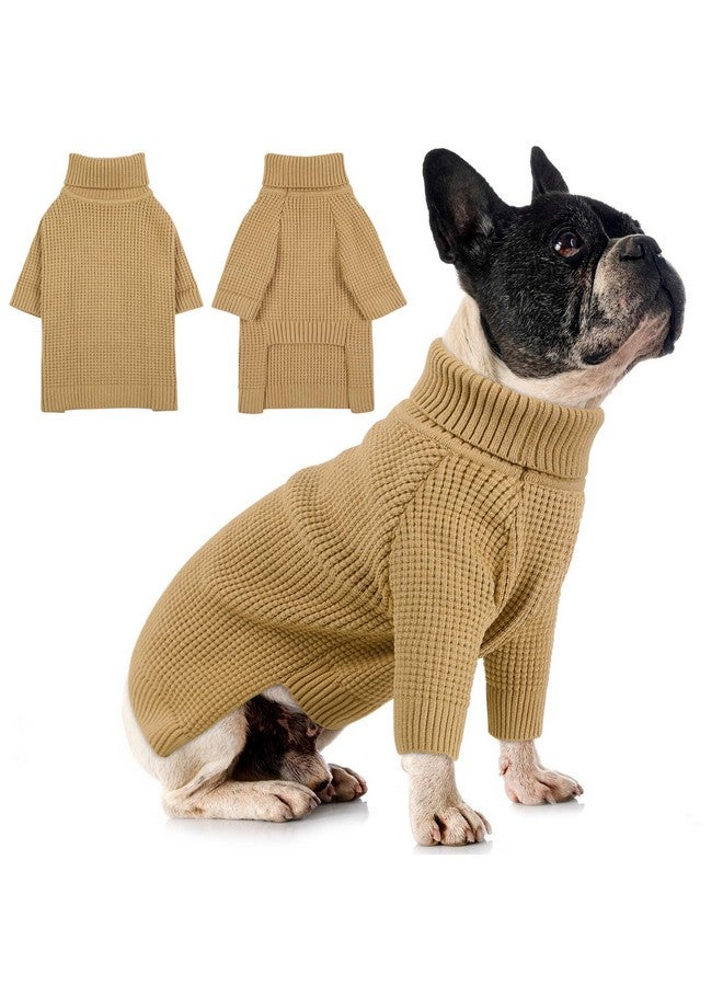 Queenmore Turtleneck Long Sleeve Knitted Sweater with Check Pattern, Fall Winter Warm Sweaters for Small Medium Large Dogs, Solid Pull-on Pet Sweater for Cats, Brown XS - Image 1
