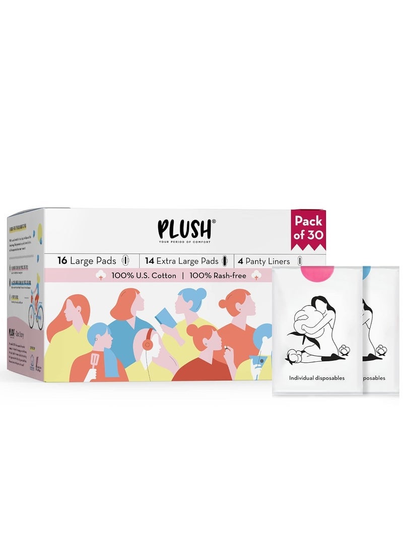 Plush Ultra-Thin Sanitary Pads For Women, 30 Cotton Sanitary Napkins | 14 Medium Flow XL + 16 Light Flow L + 4 Panty Liners For Rash Free Periods | Pure U.S. Cotton Pads With Disposable Pouch - Image 1
