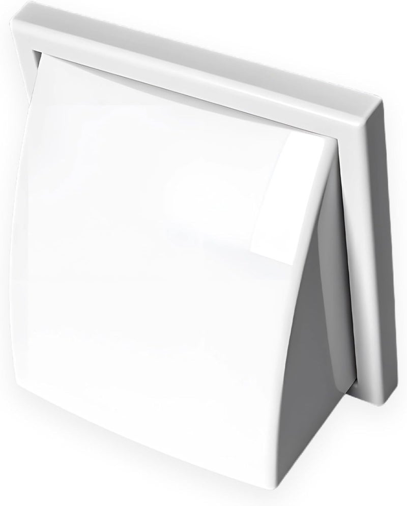 White Exhaust Vent Cover 4 Inch, Non Return Valve, Louvered Dryer Vent Hood, Weatherproof for Exterior Wall, Prevents Backdrafts, Snow - Image 1