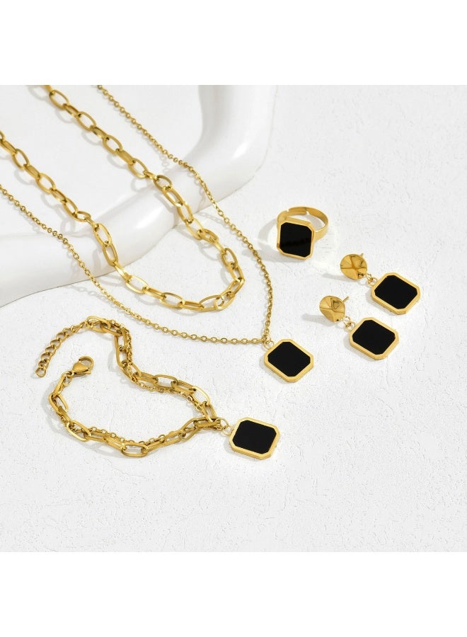 Vintage Geometric Matrix Gold Jewelry Set | Black Base with Square Diamonds: A Luxurious Five-Piece Set - Image 5