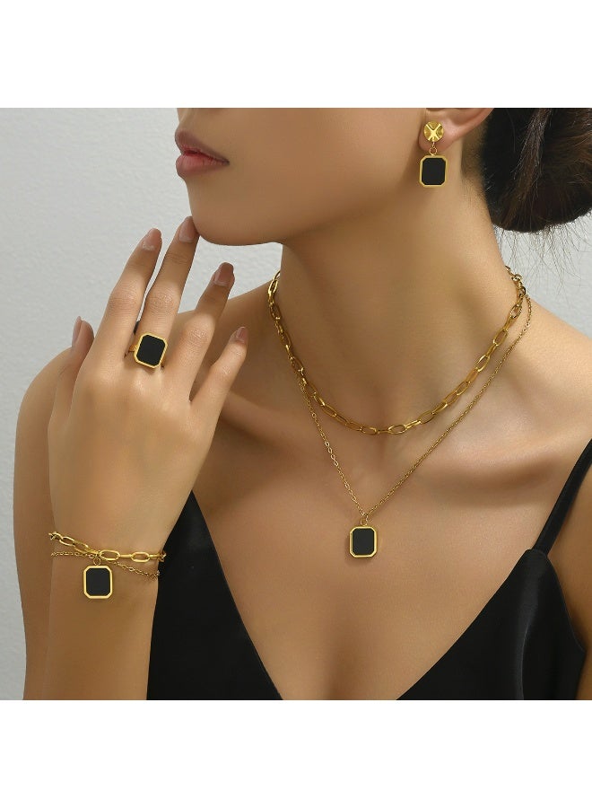 Vintage Geometric Matrix Gold Jewelry Set | Black Base with Square Diamonds: A Luxurious Five-Piece Set - Image 2