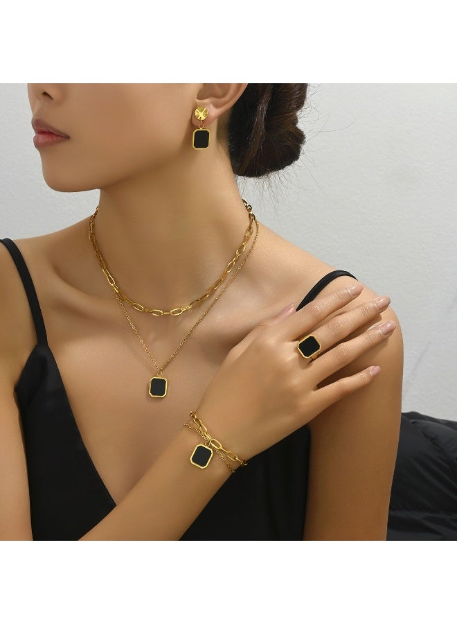 Vintage Geometric Matrix Gold Jewelry Set | Black Base with Square Diamonds: A Luxurious Five-Piece Set - Image 3