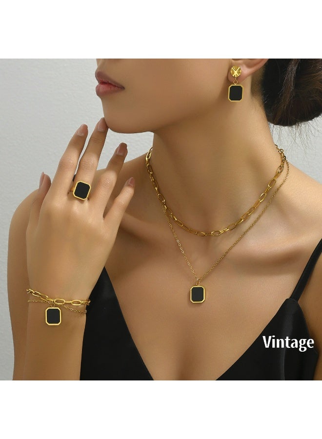 Vintage Geometric Matrix Gold Jewelry Set | Black Base with Square Diamonds: A Luxurious Five-Piece Set - Image 1