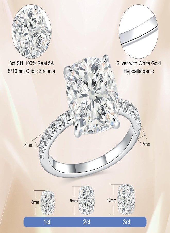 AVECON 3CT/5CT Elongated Cushion Cut Engagement Ring for Women, Wedding Promise Cubic Zirconia Band, White Gold Plated Bridal Half Eternity Rings with 4 Prong, Size 5-9, 8, White Gold Plated Silver - Image 3